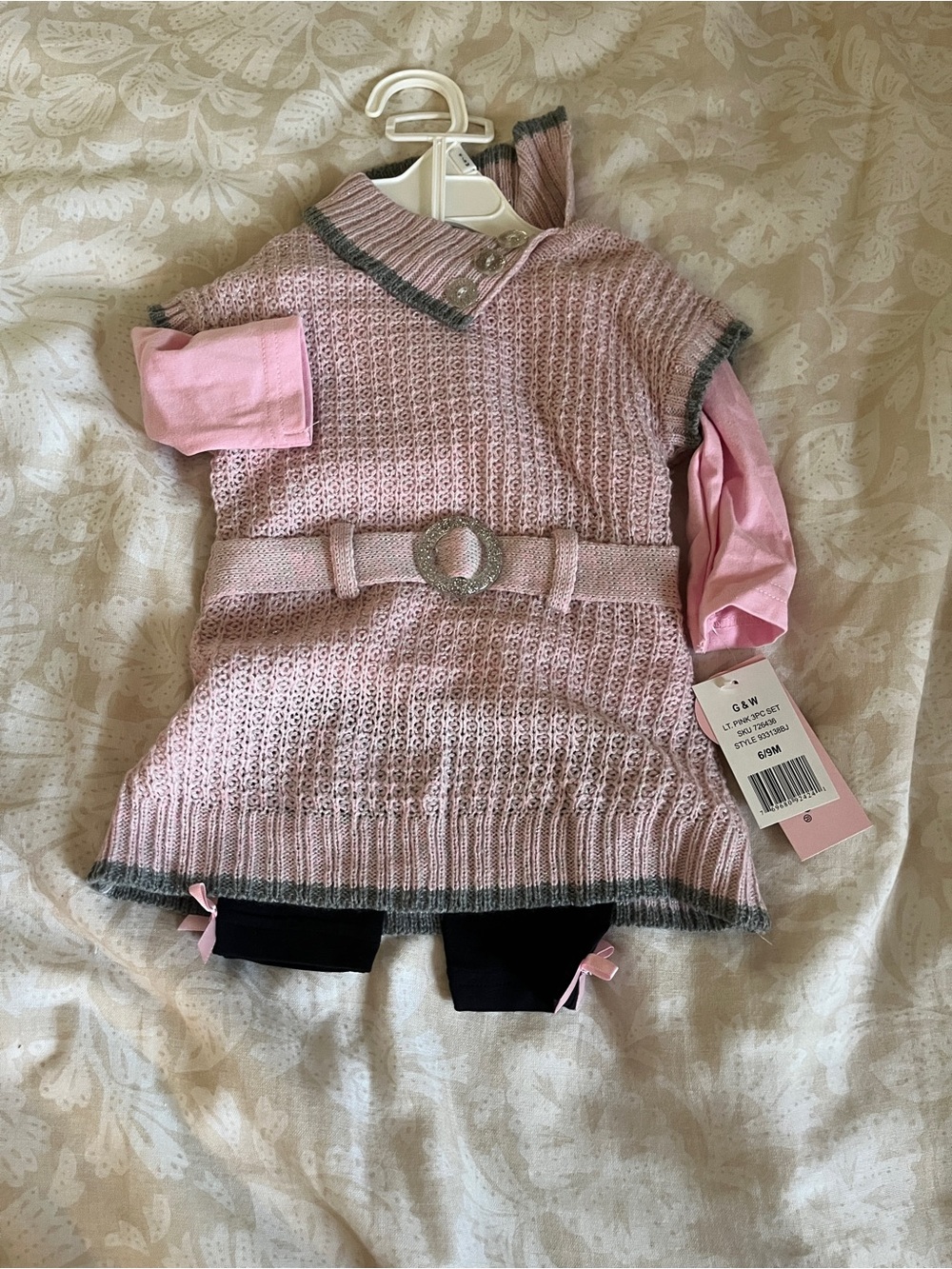 Little Lass Pink Knit Belted Tunic with Gray Trim